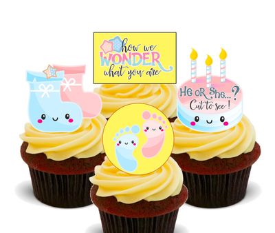 Made4You Gender Reveal - Edible Cake Decorations - Stand-up Wafer Cupcake Toppers (Pack of 12)