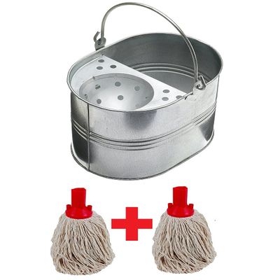 15L 15 litres Large Galvanised Metal Steel Mop Bucket with Two MOP Heads Free for Home Office General Cleaning
