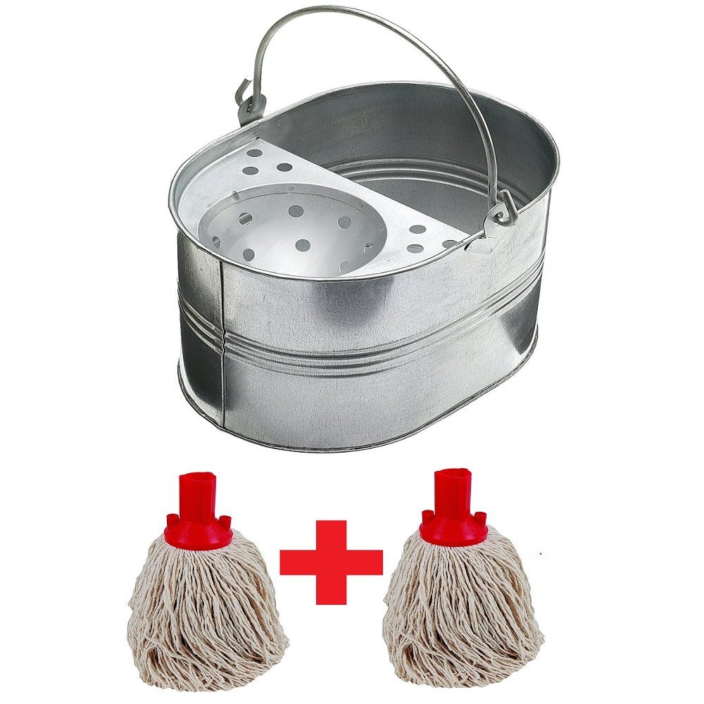 15L 15 litres Large Galvanised Metal Steel Mop Bucket with Two MOP Heads Free for Home Office General Cleaning