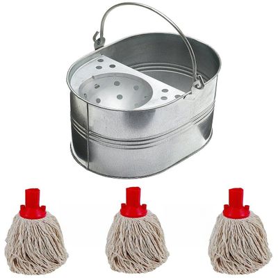 15L 15 litres Large Galvanised Metal Steel Mop Bucket with Three MOP Heads Free for Home Office General Cleaning