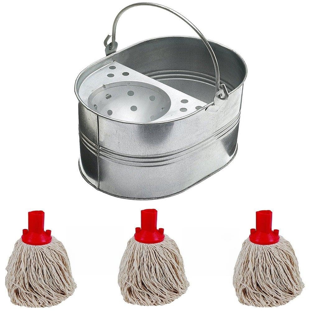 15L 15 litres Large Galvanised Metal Steel Mop Bucket with Three MOP Heads Free for Home Office General Cleaning