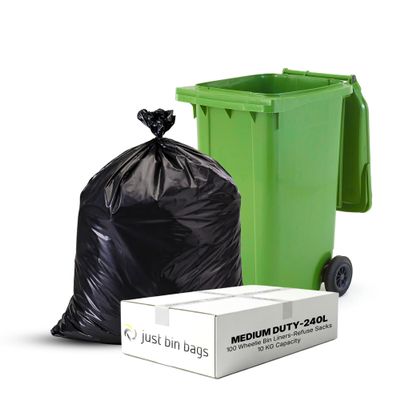 100 x 240L Black Wheelie Bin Liners | Medium-Duty 25 Micron Refuse Sacks | Fits Standard 240L Wheelie Bins | For Everyday Domestic & Light Commercial Use