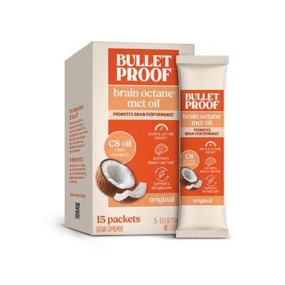 Bulletproof Brain Octane C8 MCT Oil Packets, Pack of 15 100% Pure Coconut Oil, Triple-Distilled Keto Energy Supplement for Coffee & Smoothies, Unflavored, No Additives or Fillers, Non-GMO