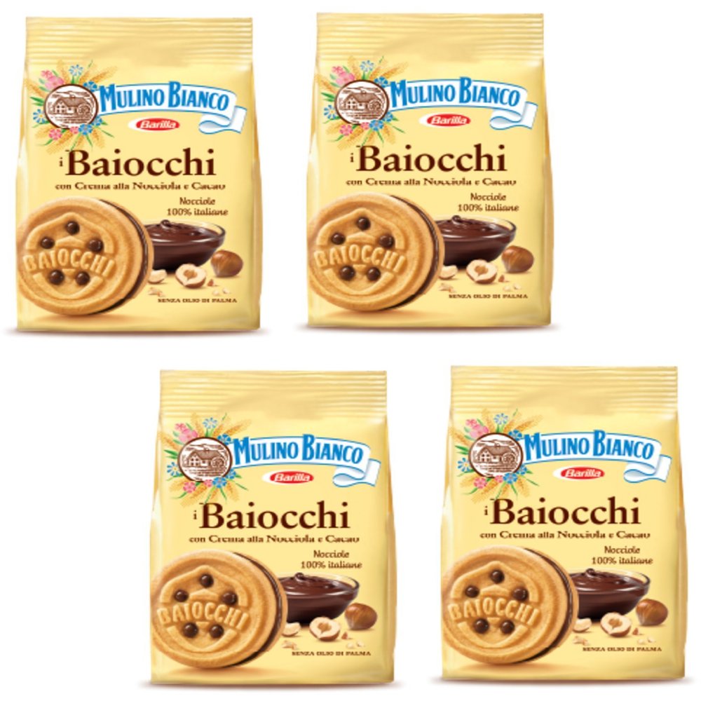 Mulino Bianco: "i Baiocchi" Cookies with cream hazelnut and cocoa - 9.17 Oz (260g) - Pack of 4 [ Italian Import ]