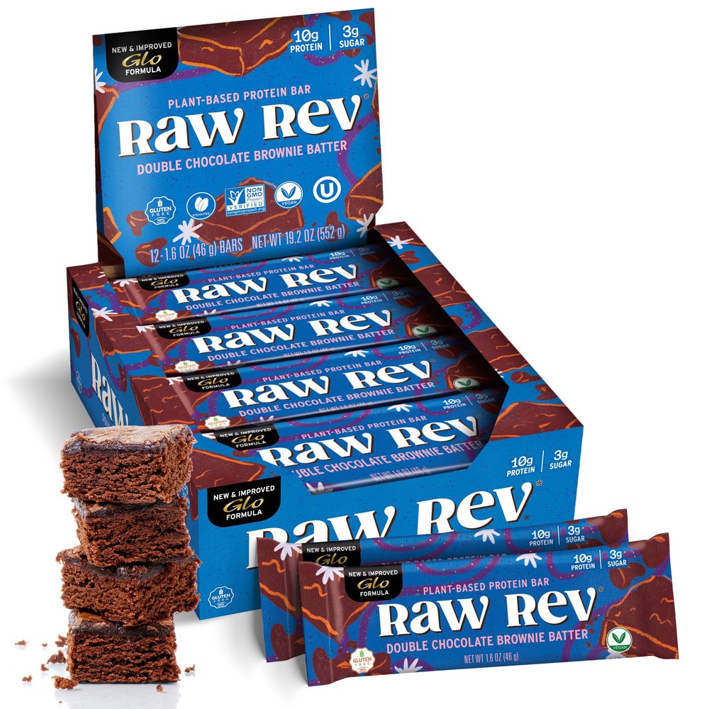 Raw Rev Glo Protein Bars, Double Chocolate Brownie Batter, 1.6 Ounce -12 Bars
