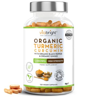 Turmeric and Black Pepper Capsules | 1440mg Dose | 120 Tablets | 2 Month Supply | 2 A Day | Herbal Supplements | High Strength Curcumin | VitaBright Organic Tumeric Supplement