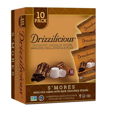 Drizzilicious, Mini Rice Cakes with Dark Chocolate Drizzle - Non GMO, Gluten Free, Rice Snacks - Pack of 10 (21g Each), S'Mores Flavor, Rice Crisps Snack