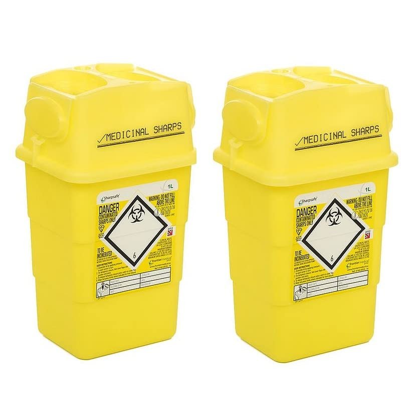 2X 1l Medical Sharps Bins - Disposable Syringe/Needle Biohazard Tubs