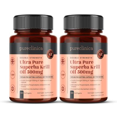 Ultra Pure Superba Krill Oil 500mg x 240 Capsules (2 Bottles) - sourced in The unpolluted Waters of The Antarctic. Providing a Rich Supply of Astaxanthin and Omega 3