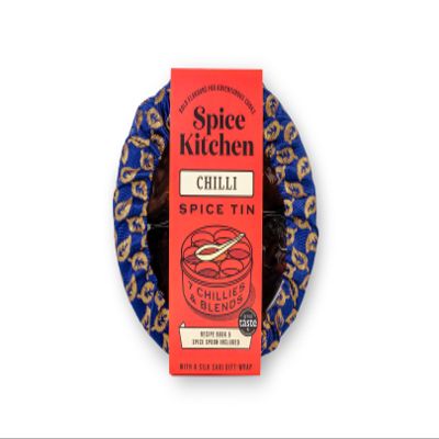 Spice Kitchen International Chilli Collection presentation gift set - 7 different types of Chillies, stainless steel spice and chilli storage tin, handmade Silk Sari wrap cover