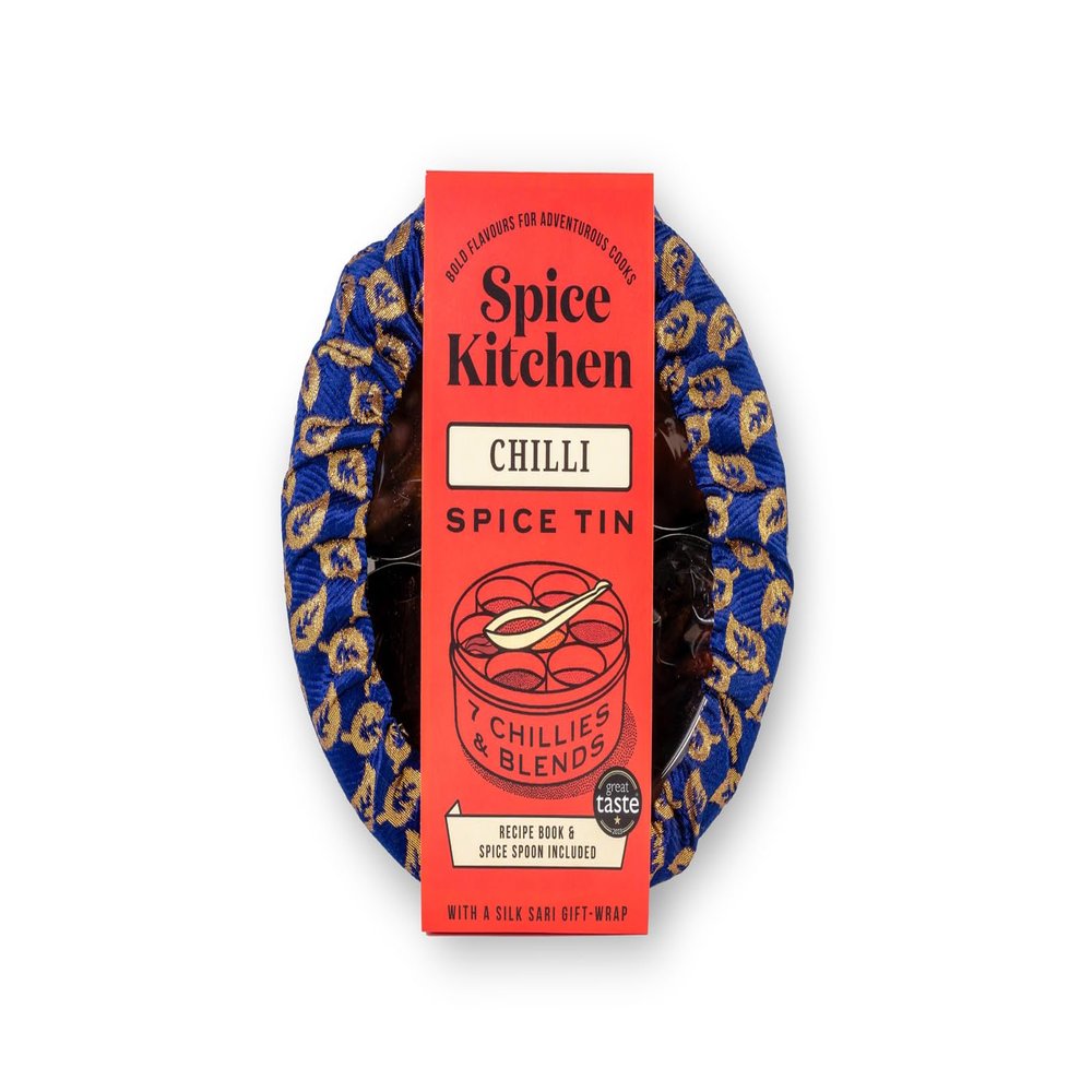 Spice Kitchen International Chilli Collection presentation gift set - 7 different types of Chillies, stainless steel spice and chilli storage tin, handmade Silk Sari wrap cover