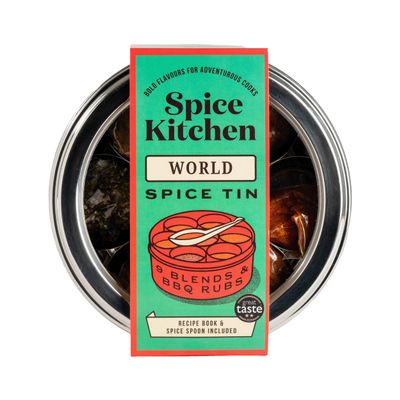 Spice Kitchen World Spice Blends & BBQ Rubs Premium Spice Collection, Spice Storage Tin with 9 Spices, the chef's companion for cooking a variety of world dishes and cuisine