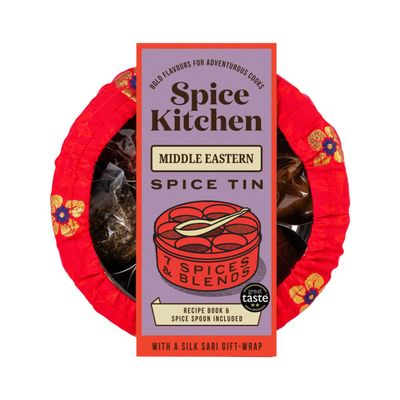 Spice Kitchen Middle Eastern Spice Collection with 7 Cooking Spices, stainless steel Spice Storage Tin, Recipe Booklet and Silk Sari Wrap gift cover