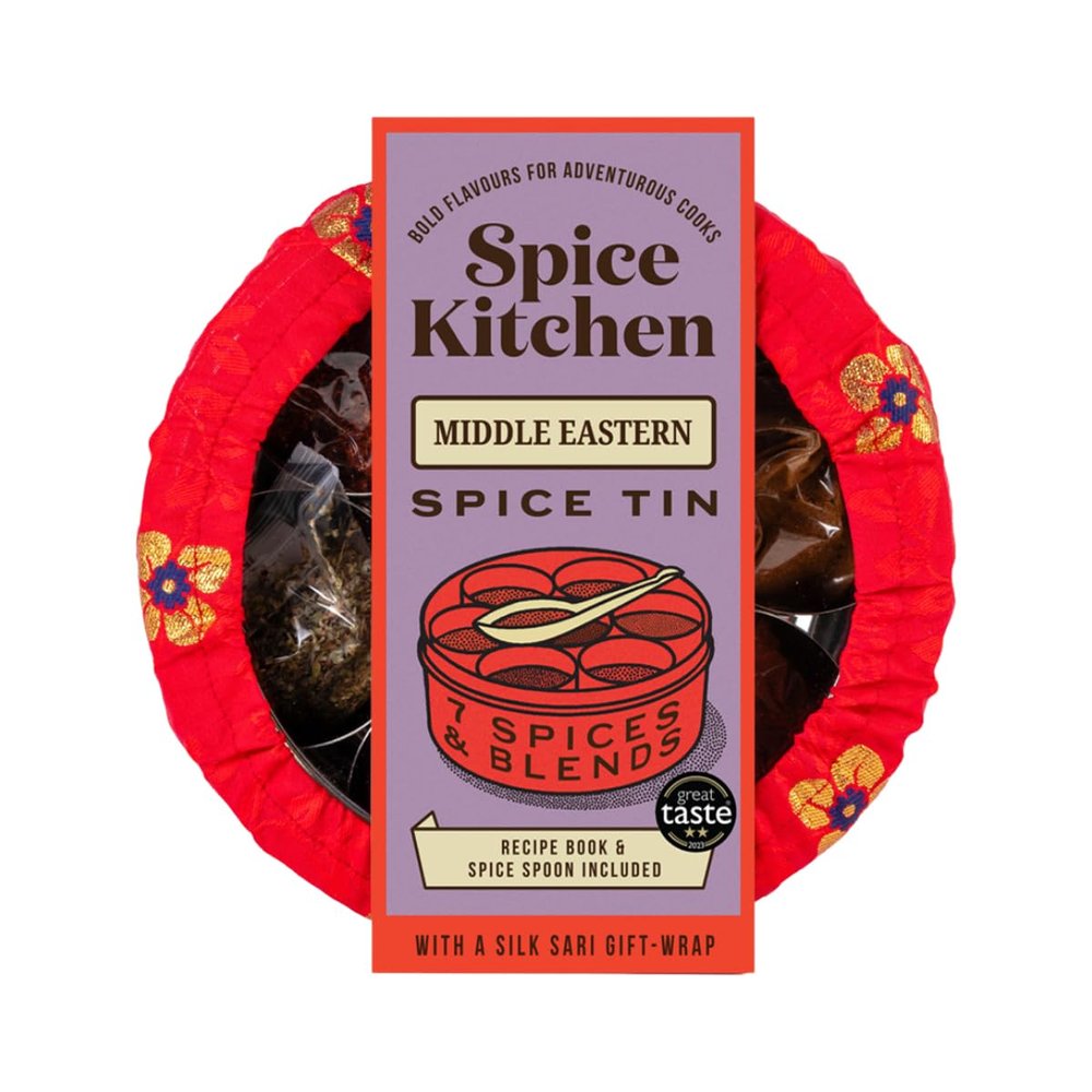 Spice Kitchen Middle Eastern Spice Collection with 7 Cooking Spices, stainless steel Spice Storage Tin, Recipe Booklet and Silk Sari Wrap gift cover