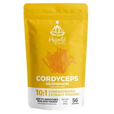 HYBRID HERBS  CORDYCEPS Mushroom Powder 10X Strength - Supplement for Muscle, Energy, Gym Workout, Immunity Support with Beta Glucans & Adenosine - HIGH Potency 10:1 Extract - 56 Serving (56g)