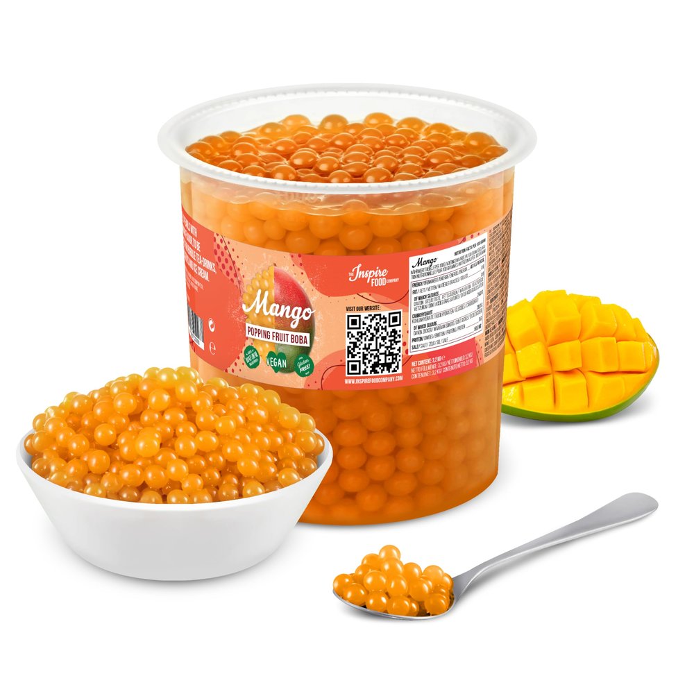 The Inspire Food Company Popping Boba Pearls for Bubble Tea - 3.2KG | Mango | Bursting Pearls Bubble | Real Fruit Juice For Shakes, Dessert,Smoothie | 100% Vegan & Glutenfree, No Artificial Colors