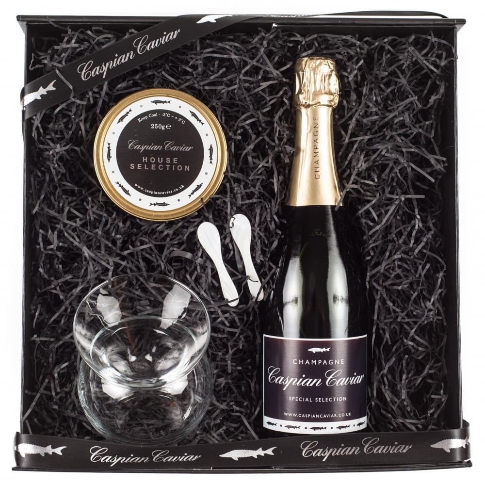 Caspian Caviar House Fizz Gift Set 125g | Luxury Caviar & Champagne Gift Box with Glass Bowl & Spoons | Premium Siberian Sturgeon Caviar | Elegant Magnetic Gift Packaging