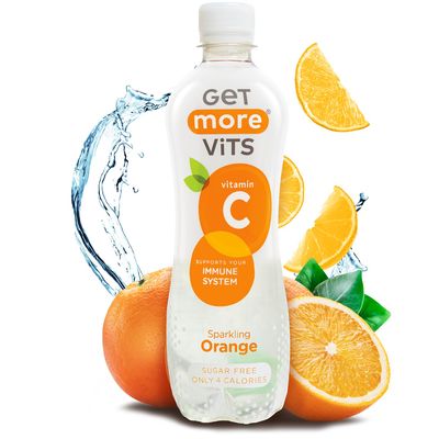 Get More Vits - Vitamin C Sparkling Orange Flavoured Spring Water (12 x 500ml), Sugar-Free, Low-Calorie, Stronger Immune System, Faster Iron Absorption, Tangy, Refreshingly-Fizzy, Vegetarian, Vegan