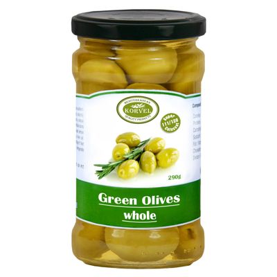 KORVEL Whole Green Olives Greek Table Olives in Brine, 290g (10.2oz) Glass Jar