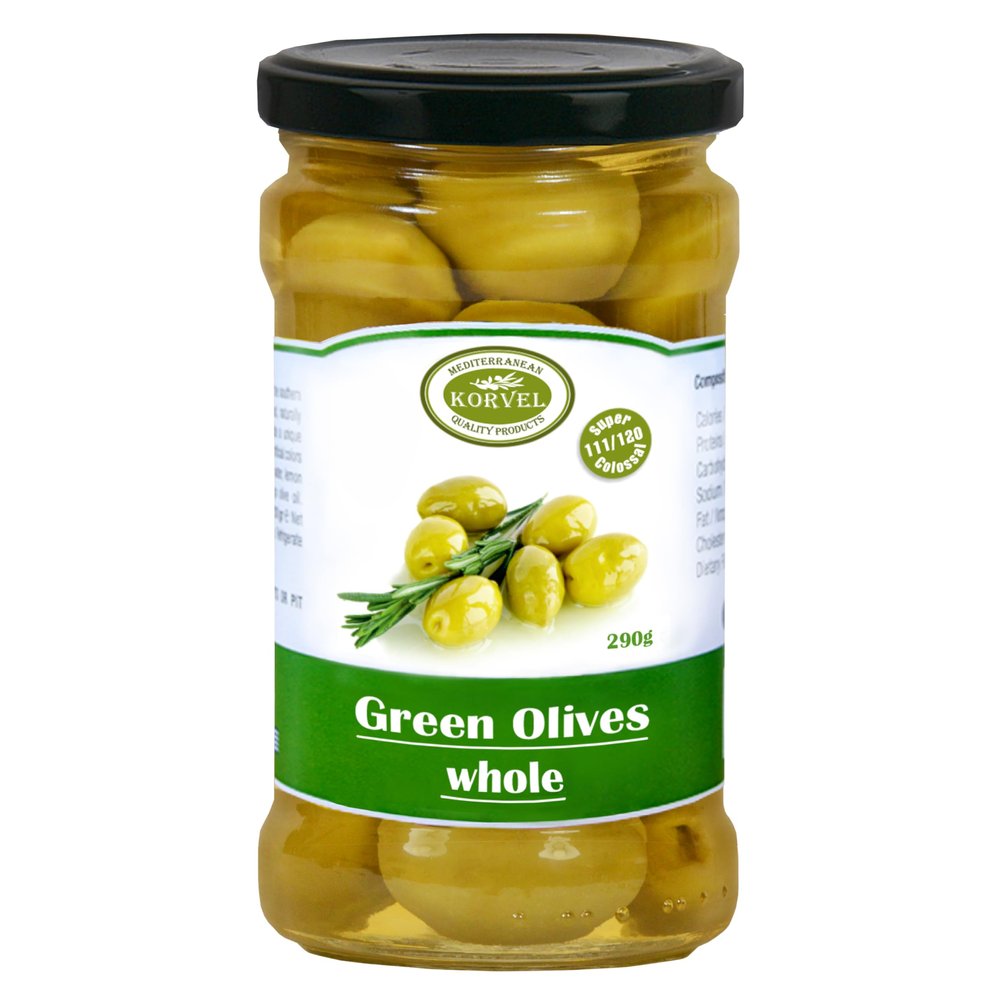 KORVEL Whole Green Olives Greek Table Olives in Brine, 290g (10.2oz) Glass Jar