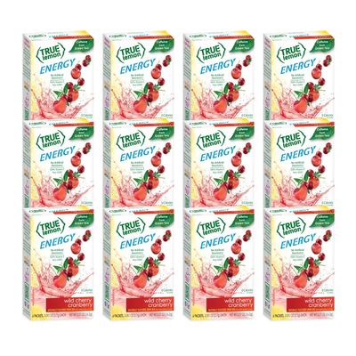 TRUE LEMON Energy Wild Cherry Cranberry Drink Mix,No Preservatives, No Artificial Sweeteners, Gluten Free Water Flavor Packets & Water Enhancer with Stevia, 6 Count (Pack of 12)