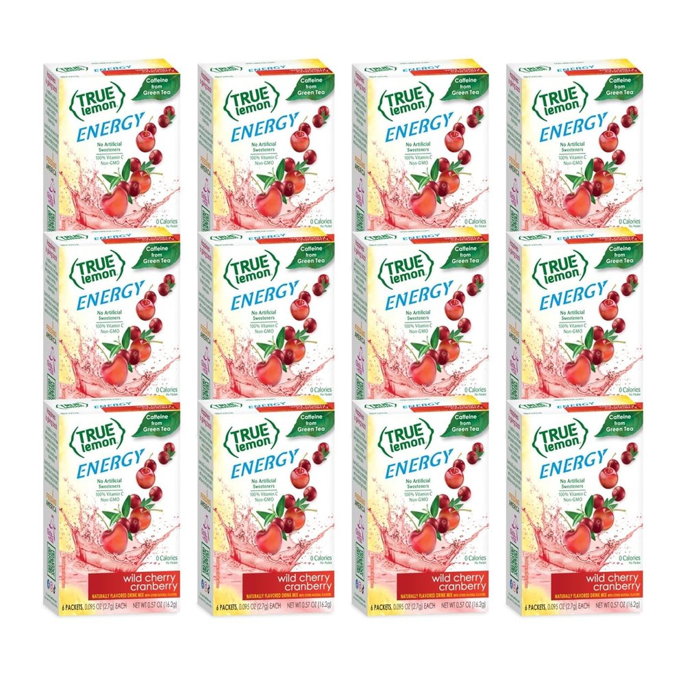 TRUE LEMON Energy Wild Cherry Cranberry Drink Mix,No Preservatives, No Artificial Sweeteners, Gluten Free Water Flavor Packets & Water Enhancer with Stevia, 6 Count (Pack of 12)
