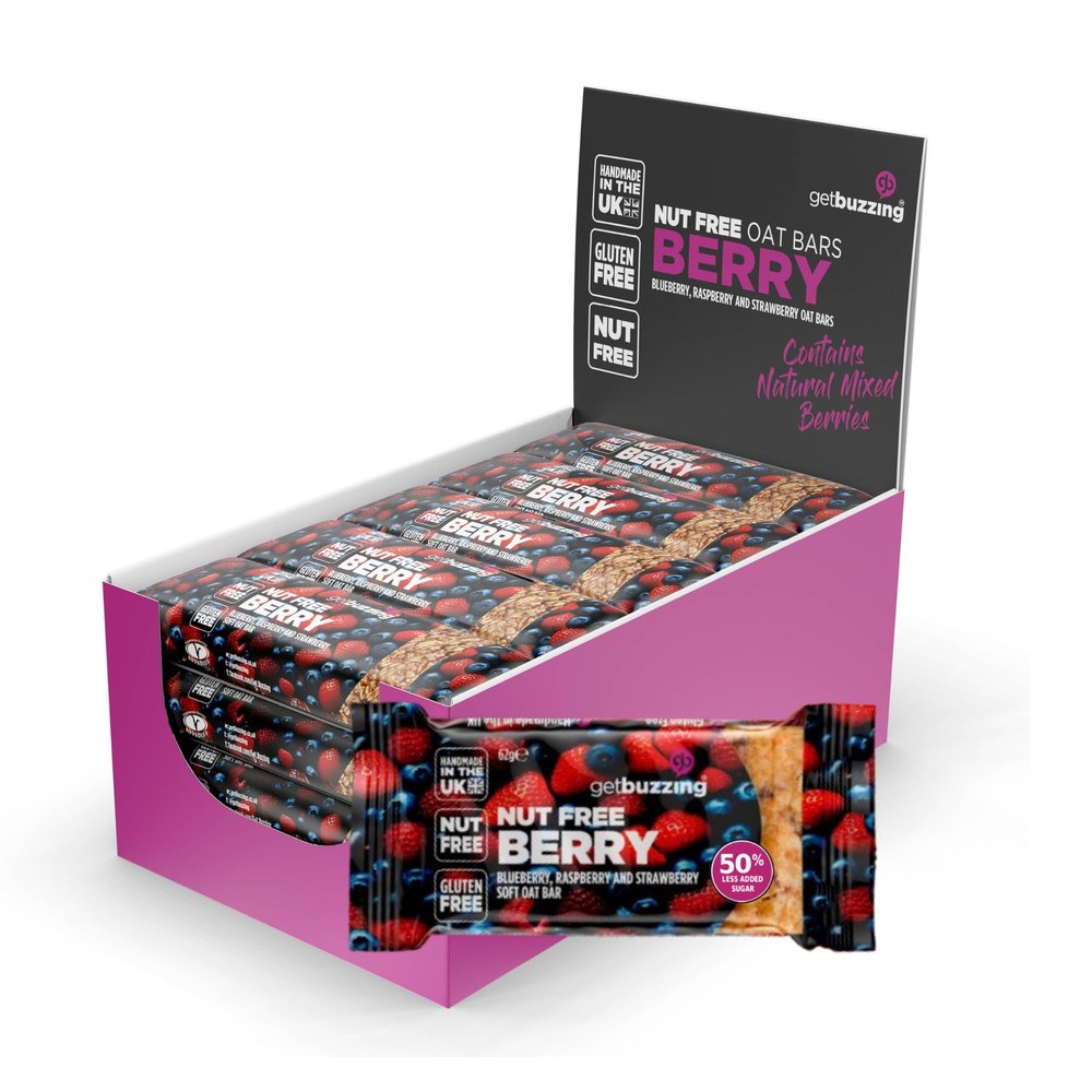 Getbuzzing Nut Free Oat Flapjack Bars with Nutrition Benefits  Gluten Free Healthy Endurance Snack with Natural Ingredients, High Fibre & School Safe  20 x 62g Pack  Mixed Berry - Sports & Cycling