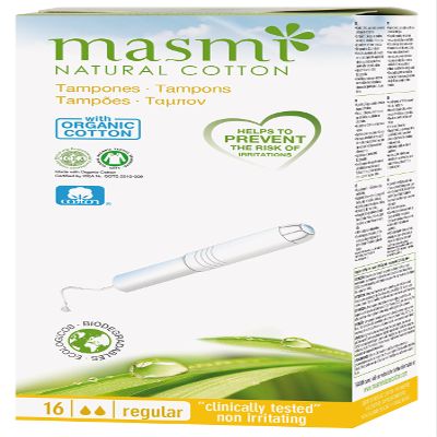 16 Masmi Regular Applicator Tampons Organic Cotton Certified, Hypoallergenic, 100% Biodegradable, Perfume, Viscose, Rayon, Chlorine and Dioxin Free