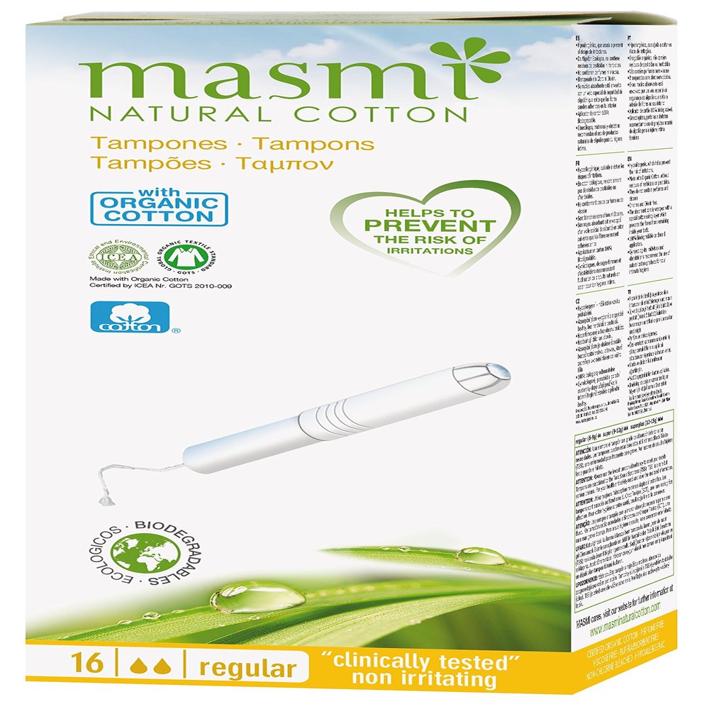 16 Masmi Regular Applicator Tampons Organic Cotton Certified, Hypoallergenic, 100% Biodegradable, Perfume, Viscose, Rayon, Chlorine and Dioxin Free