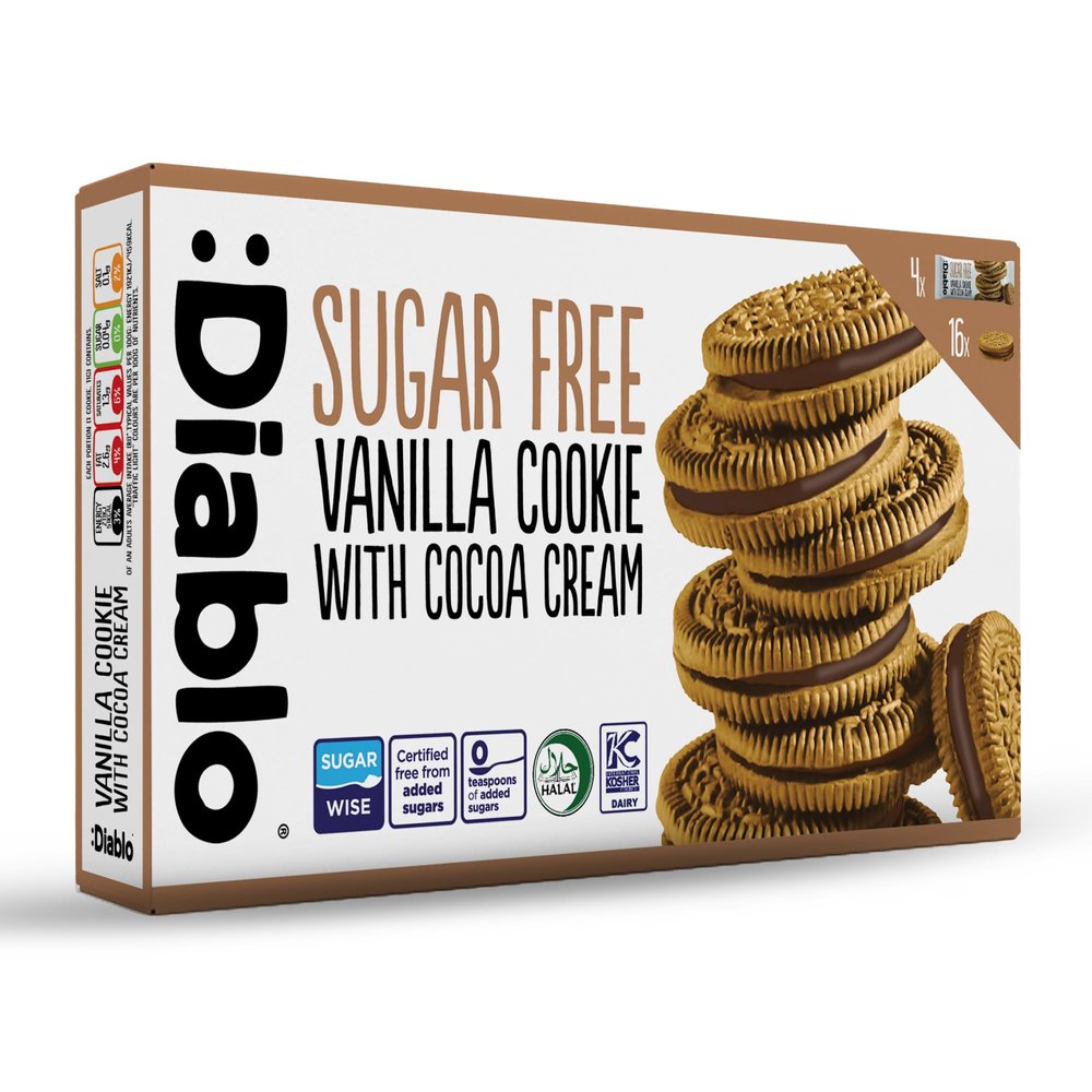 Diablo Sugar Free Sandwich Cookies  Vanilla Cookie with Cocoa Cream, Sugar Free Snacks, Maltitol-Sweetened for Everyday Enjoyment, Sweet Treats For All, 176g 1 Pack