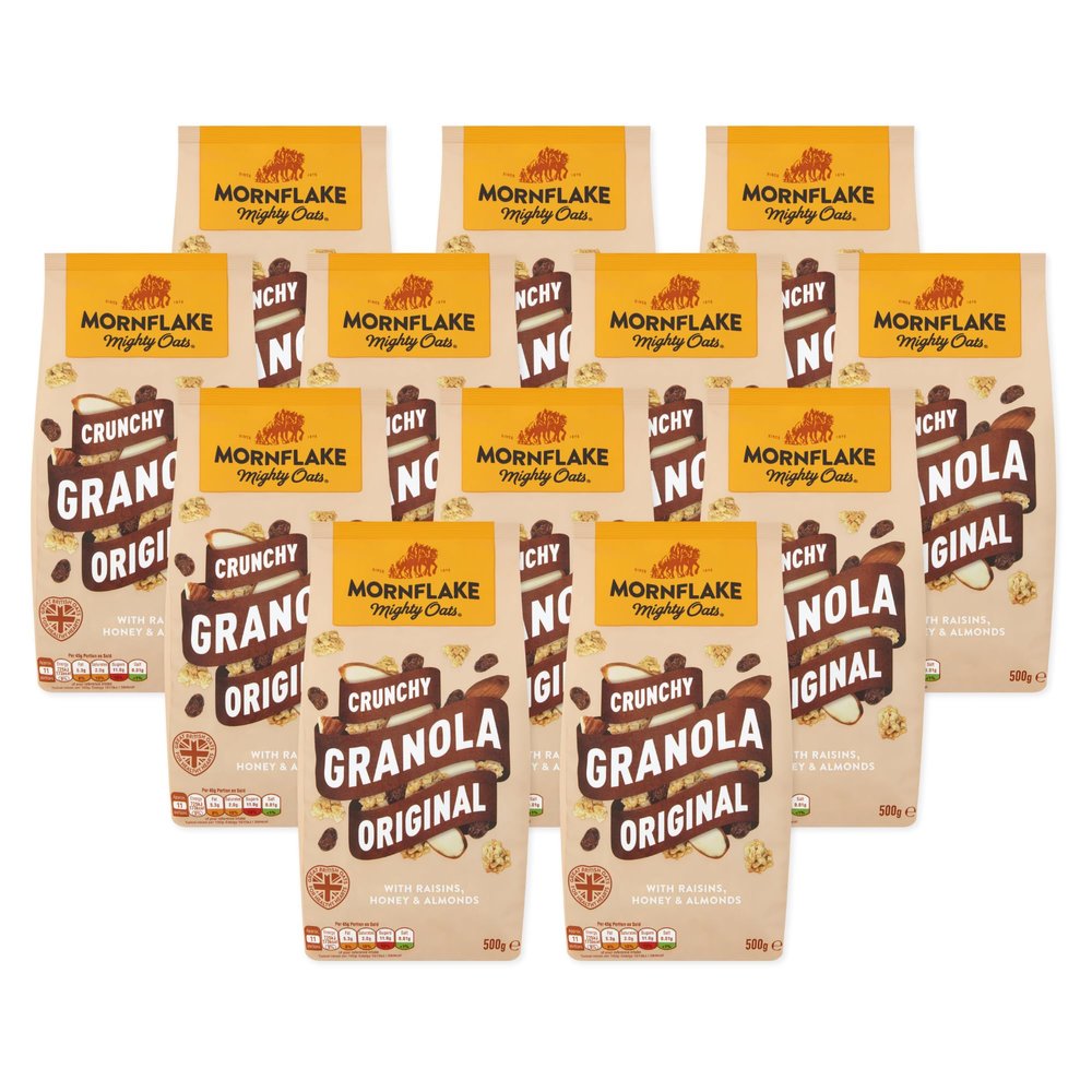 Mornflake - Original Crunchy Granola. 12x 500g Bags. High Fibre Granola Cereal Multipack, Breakfast Cereal with Raisins, Honey & Almonds Mix, All Natural Ingredients (Pack of 12)