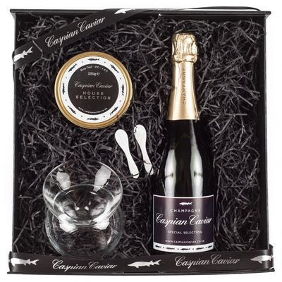 Caspian Caviar House Fizz Gift Set 50g | Luxury Caviar & Champagne Gift Box with Glass Bowl & Spoons | Premium Siberian Sturgeon Caviar | Elegant Magnetic Gift Packaging