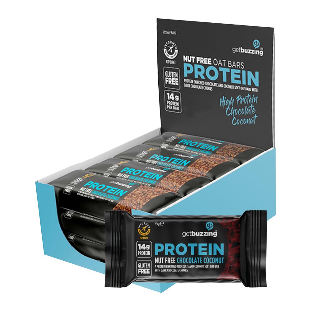 Getbuzzing Nut Free Oat Protein Flapjack Bars  Gluten Free Healthy Snack with Natural Ingredients, High Fibre & School Safe  12 x 55g Pack  [Chocolate Coconut] - Supports Running, Cycling and Gym