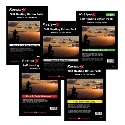 Pack of 5 Self Heating Field Ration Packs - Ready To Eat Meals Menus A, B, C, D & E