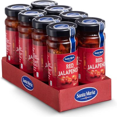 Santa Maria Red Jalapenos, 200g (Pack of 8) | Large Pack of Spicy Pickled Mexican Jalapeno | Great with Tacos, Tortilla Chips & Dip or Fajitas