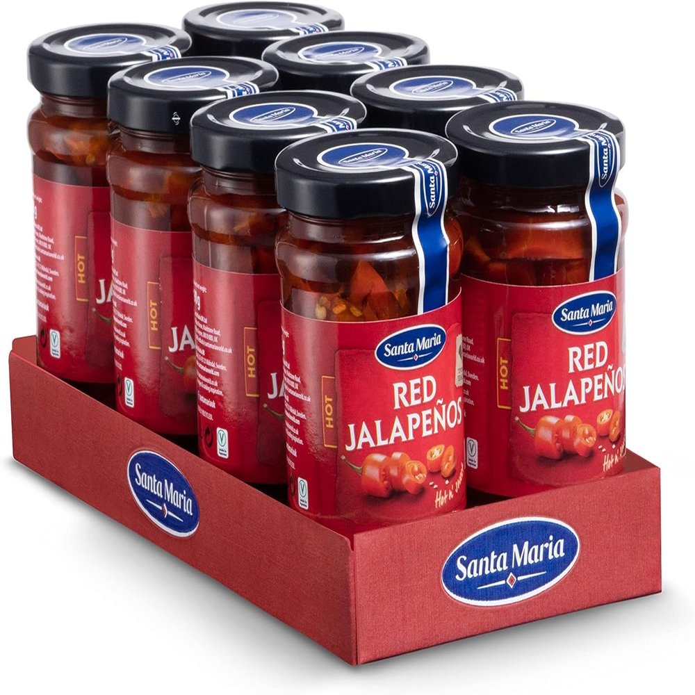 Santa Maria Red Jalapenos, 200g (Pack of 8) | Large Pack of Spicy Pickled Mexican Jalapeno | Great with Tacos, Tortilla Chips & Dip or Fajitas