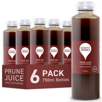 Benefit Drinks 100% Not from Concentrate Pure Prune Juice - 6 x 750ml Cartons - Prune Juice for Constipation with with Vitamin A,C and E- Health Foods - Healthy Drinks