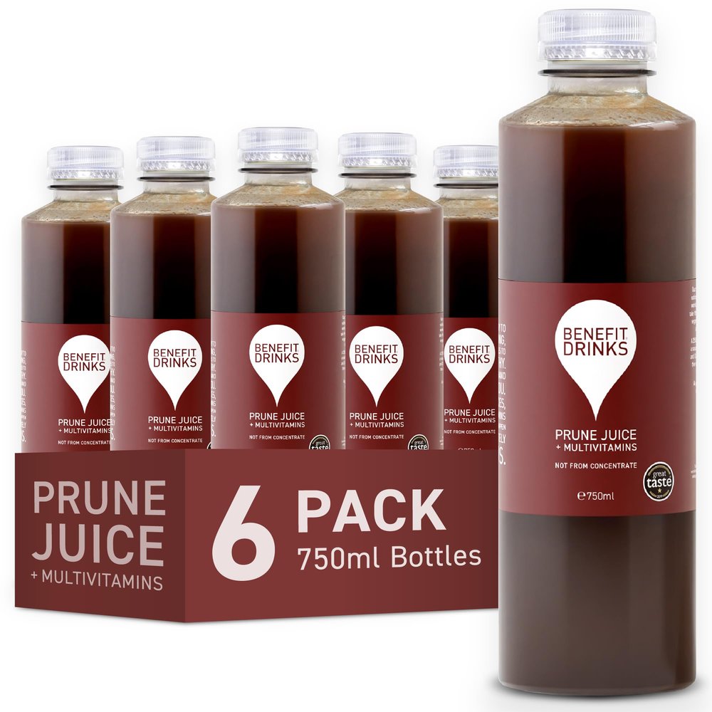Benefit Drinks 100% Not from Concentrate Pure Prune Juice - 6 x 750ml Cartons - Prune Juice for Constipation with with Vitamin A,C and E- Health Foods - Healthy Drinks