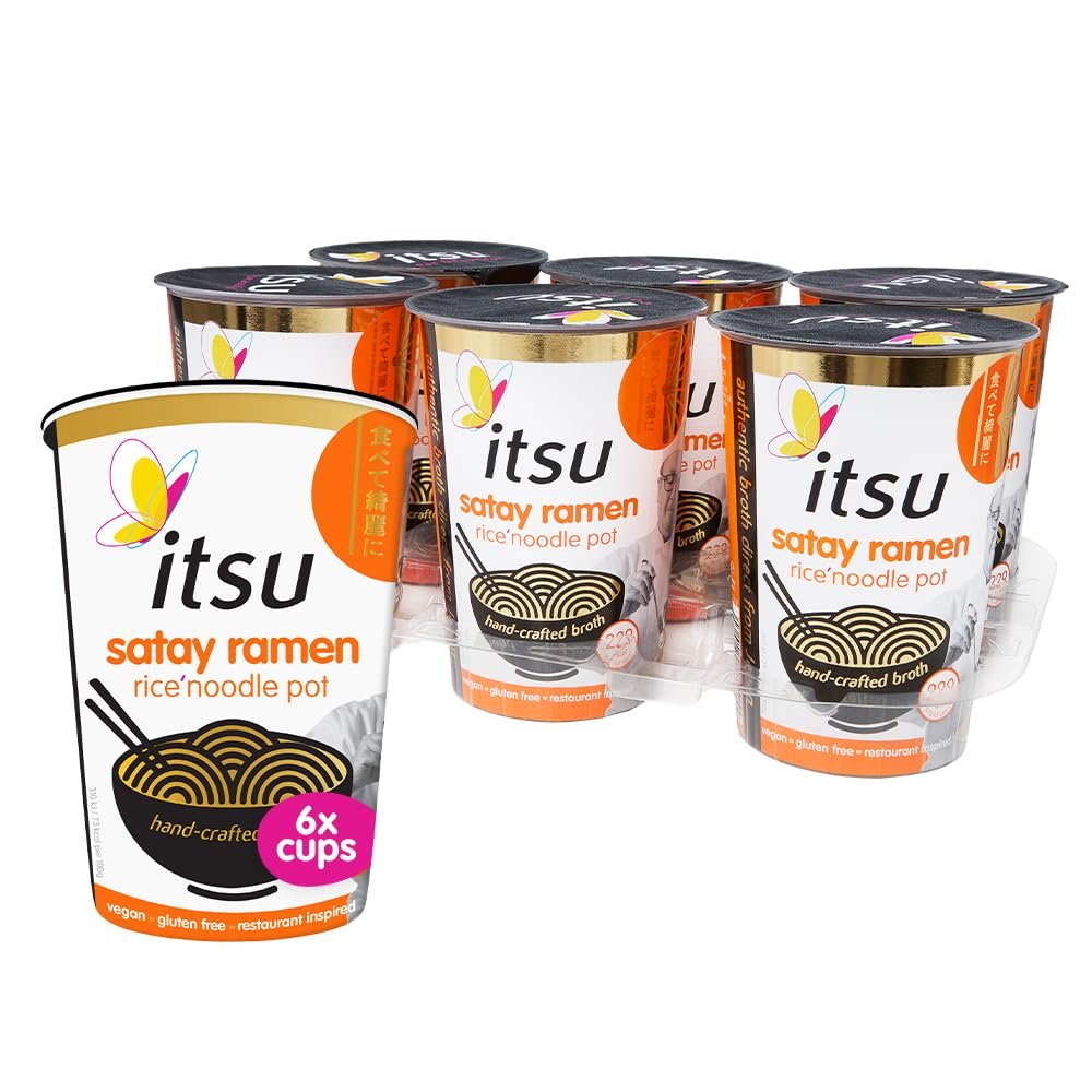 itsu Satay Flavour Rice Noodles | Instant Noodle Cups | Authentic Japanese Flavour | Vegan & Gluten-Free | Low-Calorie | Quick-to-Make Snack | Pack of 6