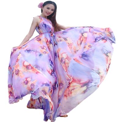 MedeShe Women's Chiffon Floral Holiday Beach Bridesmaid Maxi Dress Sundress - Purple - Large Petite