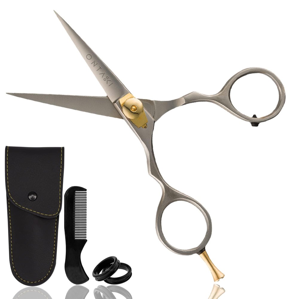 ONTAKI 5.5" Beard Moustache Scissors Professional Japanese Steel Comb Carrying Pouch Beard Mustache Trimming Hand Forged Bevel Edge Precision Men Facial Hair Grooming Kit Body Facial Hair Silver Gold