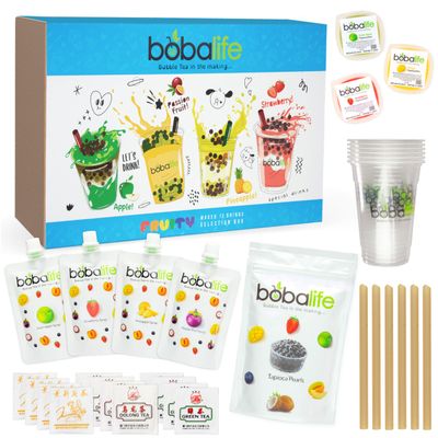 Bobalife Fruity Bubble Tea Kit with Popping Boba & Tapioca Pearls - Make 12 Delicious Fruit Tea Drinks At Home - Green Apple, Strawberry, Passion Fruit Flavors - Fun DIY Boba Tea Set