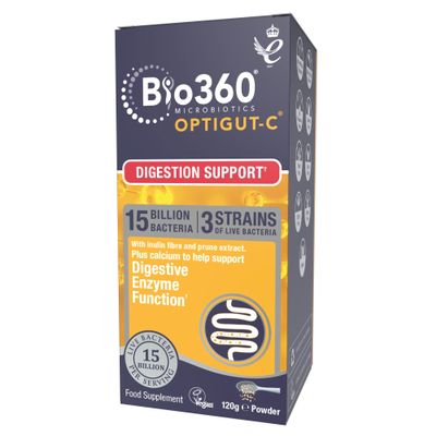 Natures Aid Bio360 OptiGUT-C Powder 120g 15 Billion Live Bacteria Cultures Supports Digestion, Gut Flora, Digestive Health, Immune System High Potency, Vegan, Non-GMO, Gluten-Free Microbiotic