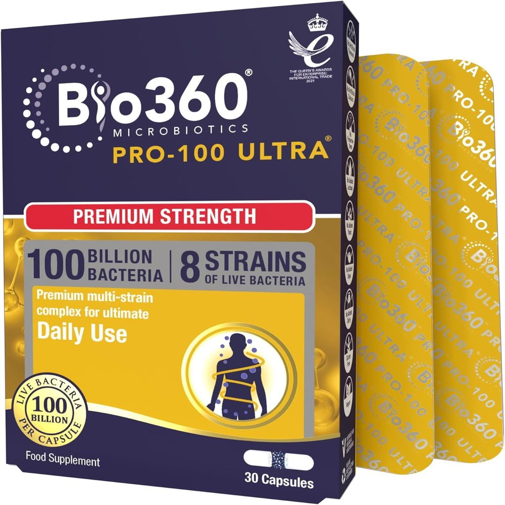 Natures Aid Bio360 Pro-100 Ultra Probiotic 100 Billion Bacteria CFU High Strength Vegan Supplement Supports Digestive Health, Immunity, Gut Flora & Energy Gluten-Free, Non-GMO - 30 Capsules