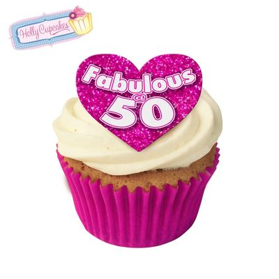 12 Edible "Fabulous at 50!" Design Cake Decorations, Plus 12 Smaller Pink "50" Hearts!