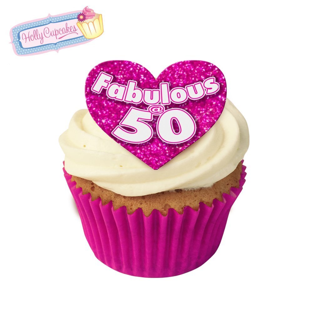 12 Edible "Fabulous at 50!" Design Cake Decorations, Plus 12 Smaller Pink "50" Hearts!