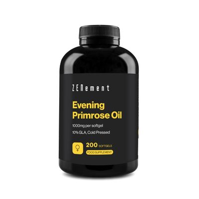 Evening Primrose Oil 1000 mg, 10% GLA, Cold-Pressed, with Natural Vitamin E  Natural Omega-6 Source, Womens Support and Daily Balance, 200 Softgels  Zenement