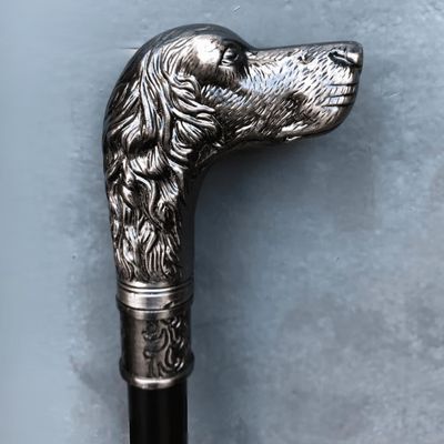 Gadgetzone Vintage Dog Head Walking Stick Cane - Pewter Silver Handle, Black Iron Shaft, Mobility Aid & Walking Sticks for Women & Men, Non-Slip Rubber Ferrule, Fancy Dress & Collectors Cane