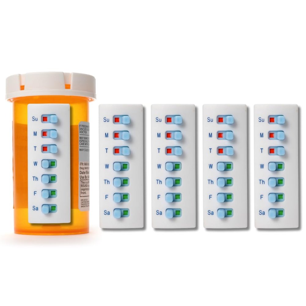 TAKE-N-SLIDE Peel and Stick Reusable for 12+Refills, Pill/Medication/Vitamin/Pet Med Tracker& Reminder, Attach to Your Bottle, Organizer-Free, CurvedBack (White, 5-Pack)