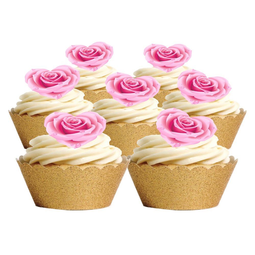 15 Precut Valentines Day Pink Rose Heart Shaped Edible Wafer paper Cake Toppers Decorations